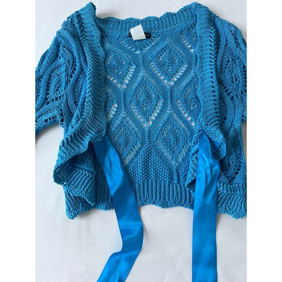 VTG Y2K American Attitudes sweater sz Med cropped flare sleeve crochet wrap blue - Picture 3 of 11